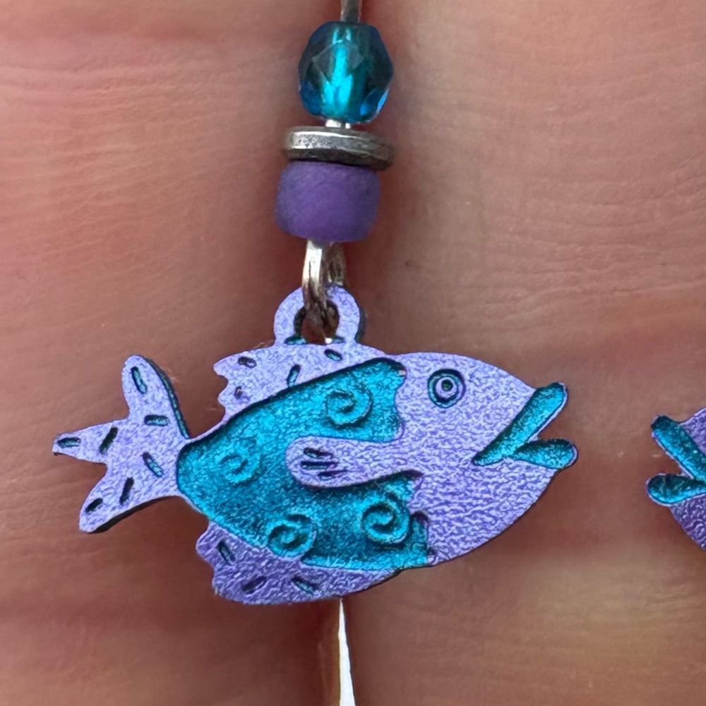 Oilslick iridescent handmade earrings fish dainty one of a kind blue purple - Picture 2 of 8